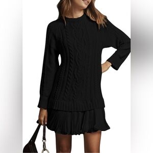 Womens Sweater Dress with Pleated Mini Skirt Chunky Cable-Knit Long Sleeve